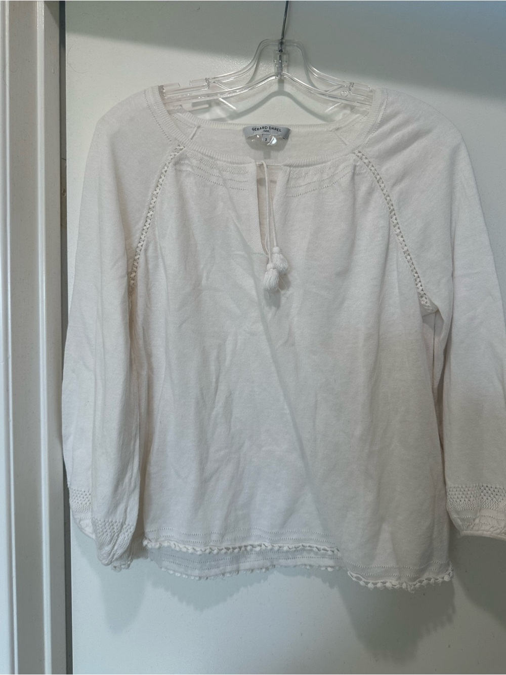 Gerard Darel White Cotton Peasant Top with Tassel Tie & Pom Pom Size 3